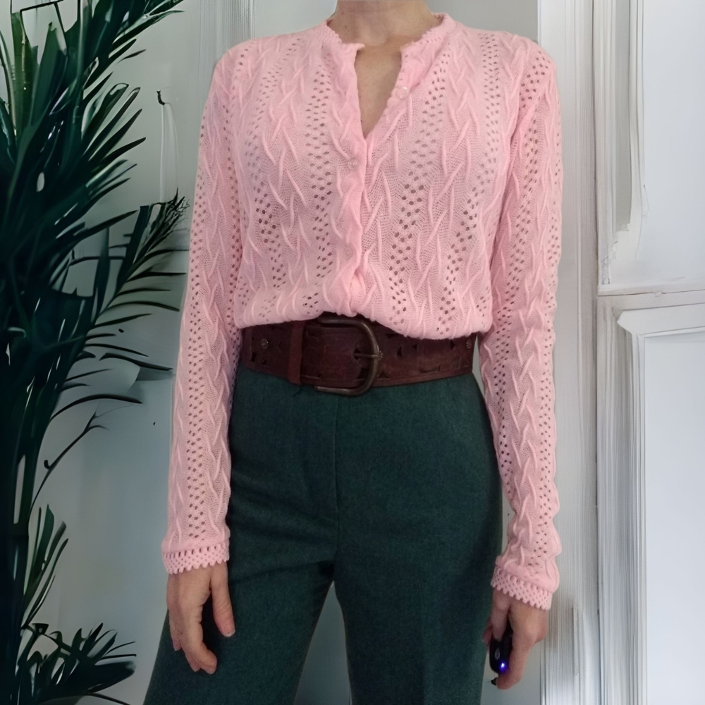 Vtg 60s Pink Knit Cardigan